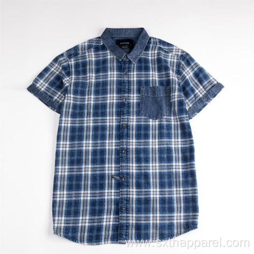 Men's Short Sleeve Denim Twill Plaid Shirt